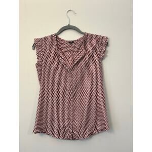 OVS White Red Heart Ruffle Sleeveless Button Blouse, Sz EU 42 /US Large